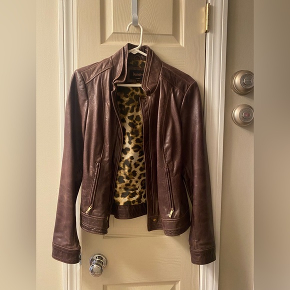 Brown leather jacket with gold hardware - Picture 2 of 4